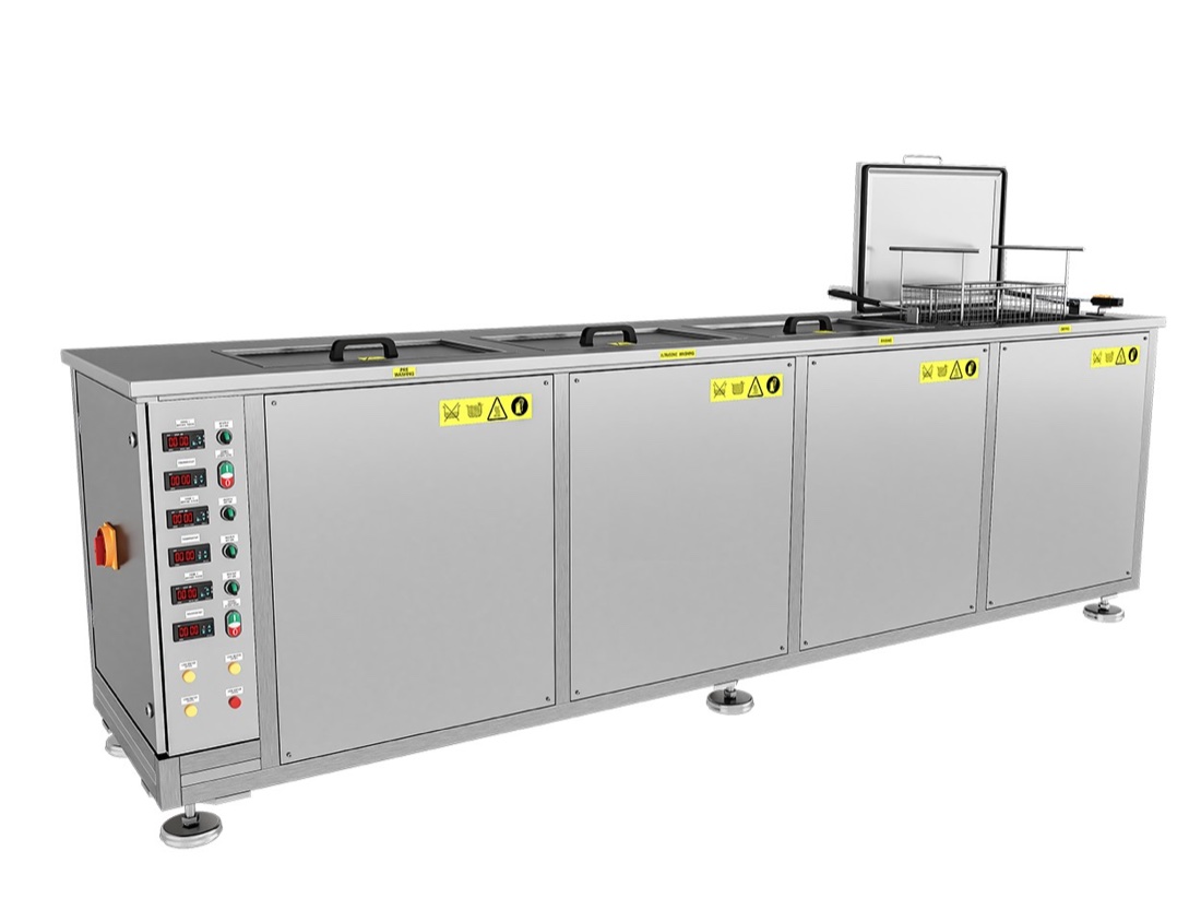 Mehrkammer-Ultraschall-Reinigungsanlage: Vorwäsche, Ultraschall, Spülen und Trocknen